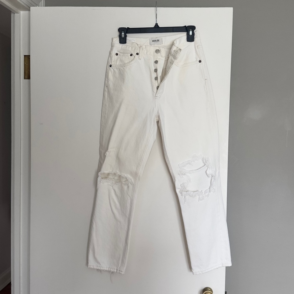 White Distressed Button-Fly Jeans
